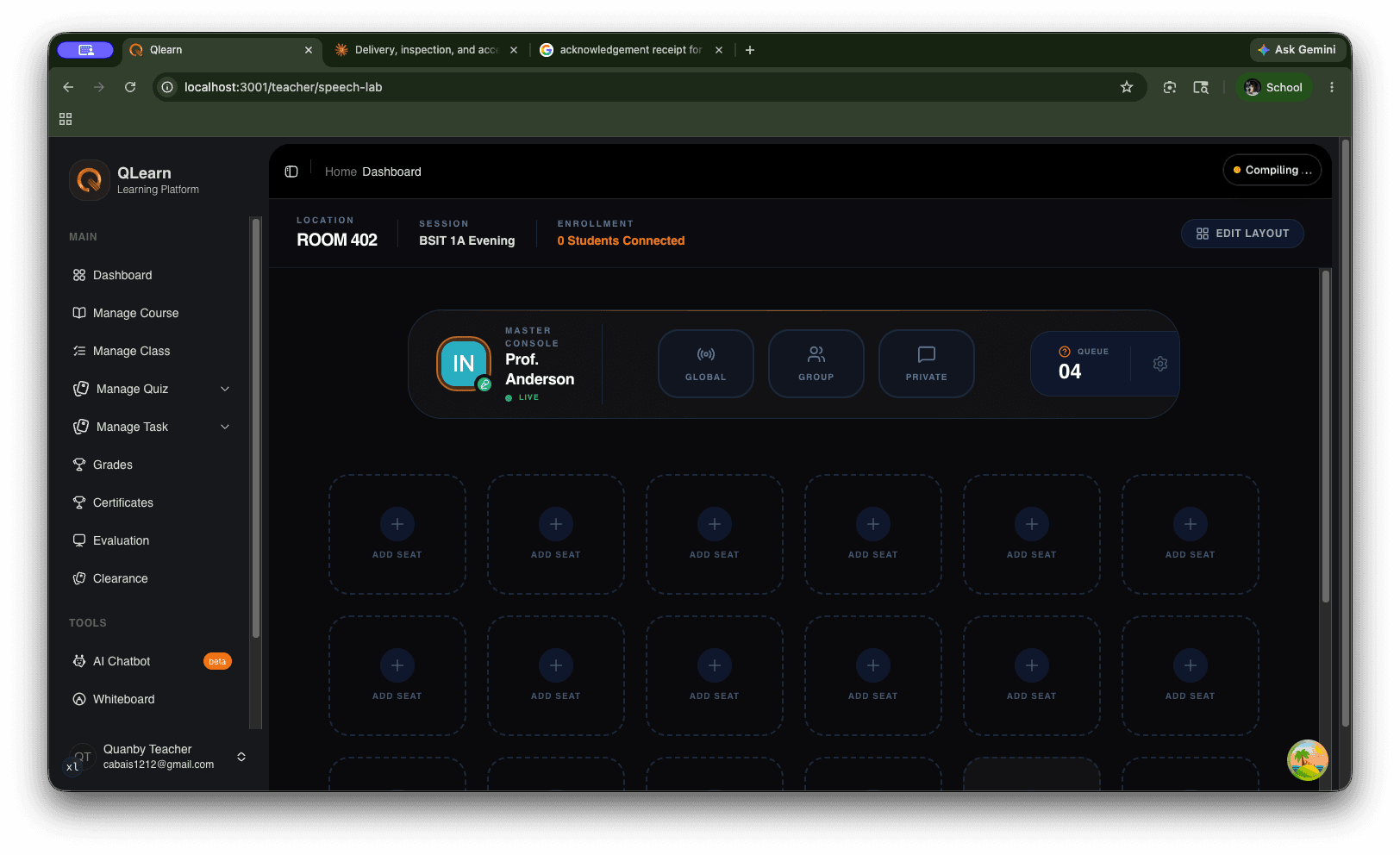 Teacher dashboard showing assigned speech lab sessions