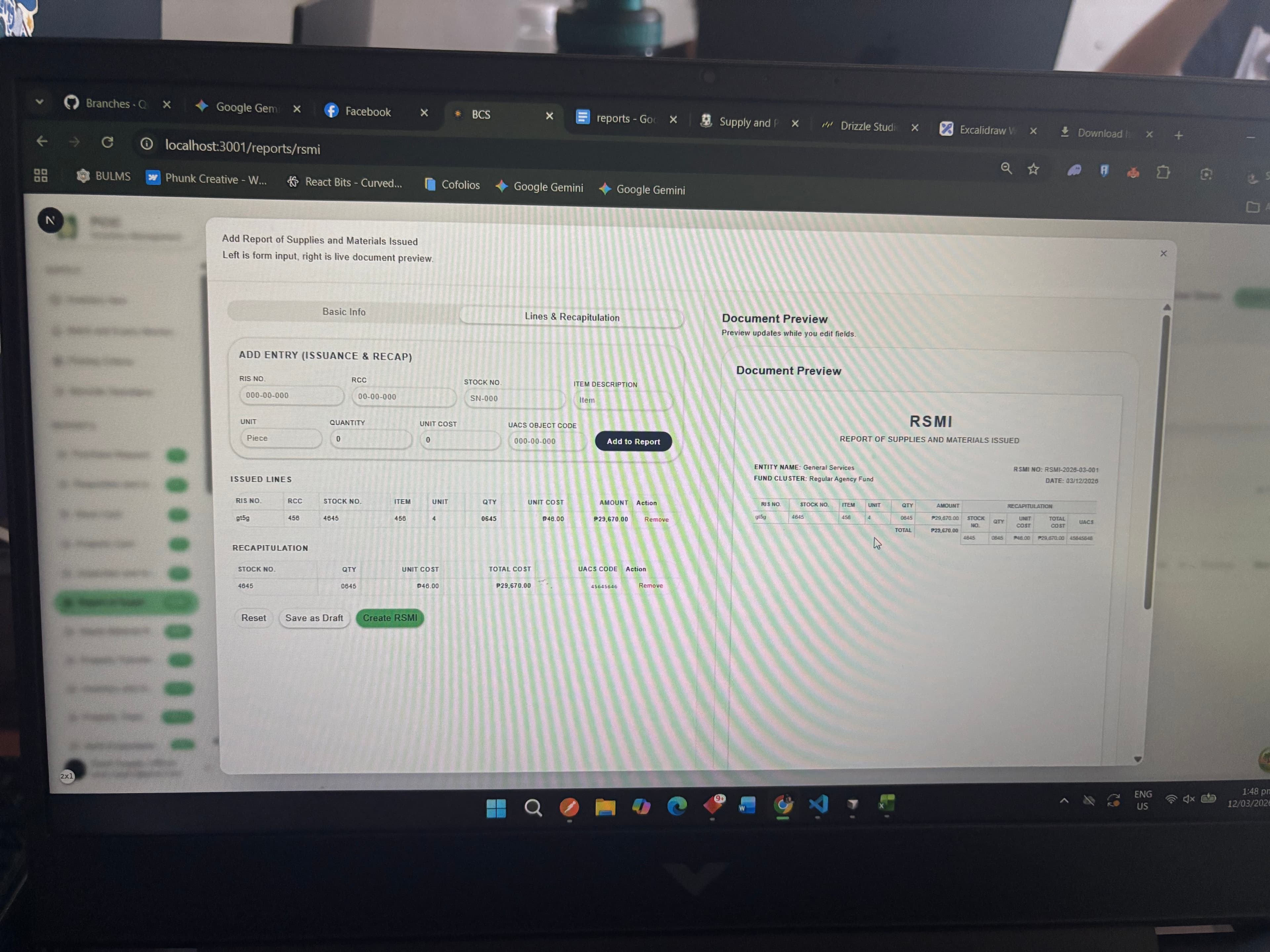 Dashboard showing the procurement mode and process management